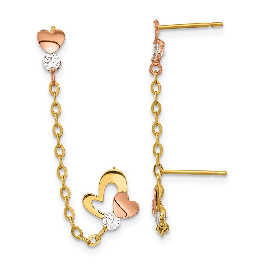 14k Madi K Children's Jewelry Two-Tone Gold Cz Double Post W/Chain Heart Earring